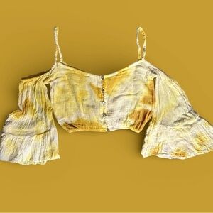 Jen’s Pirate Booty Cotton Blouse Cold Shoulder Bell Sleeve Yellow Tie Dye S